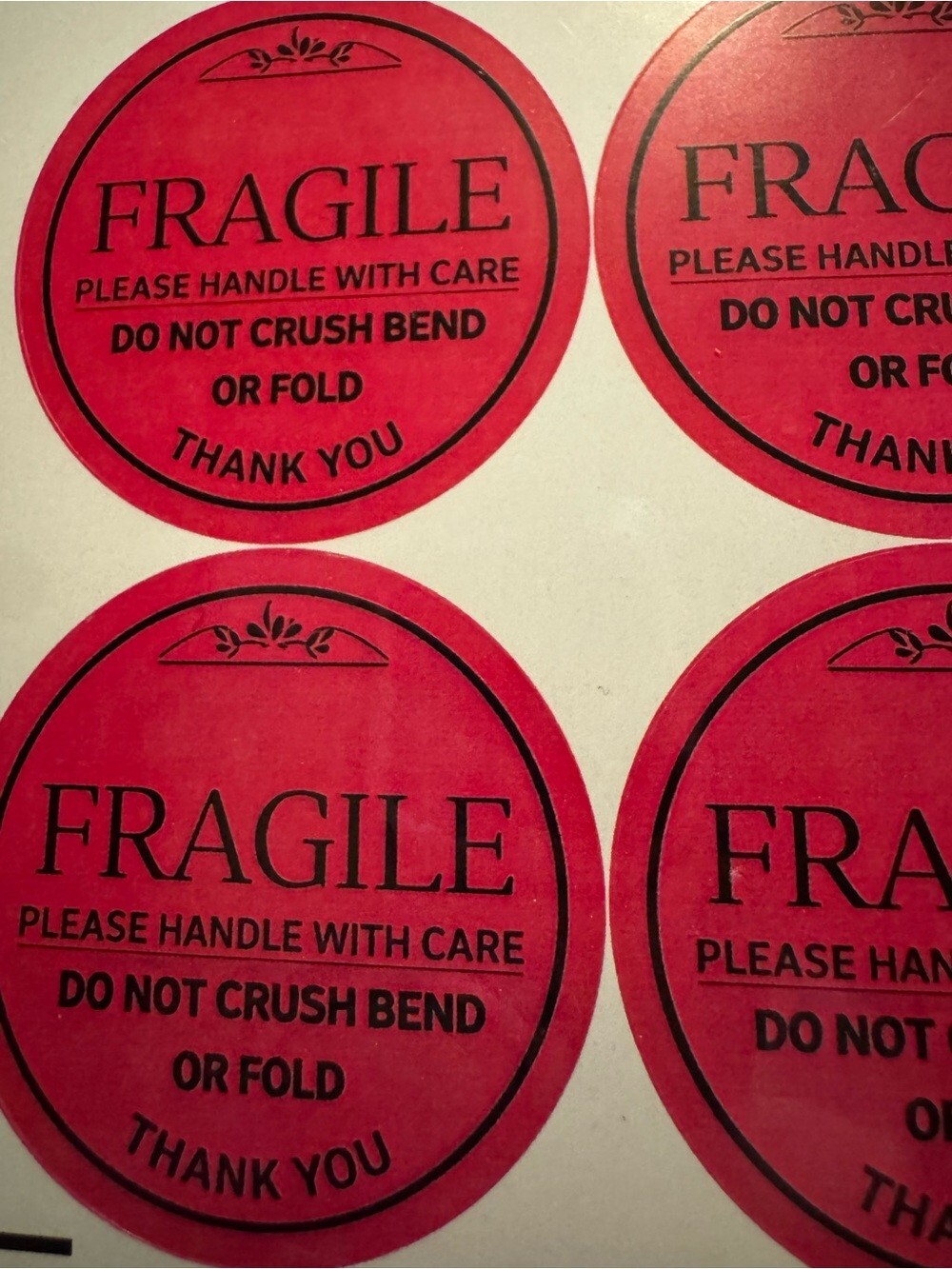 ★ 48 Fragile Thank You Warning Stickers Round Red Shipping Labels